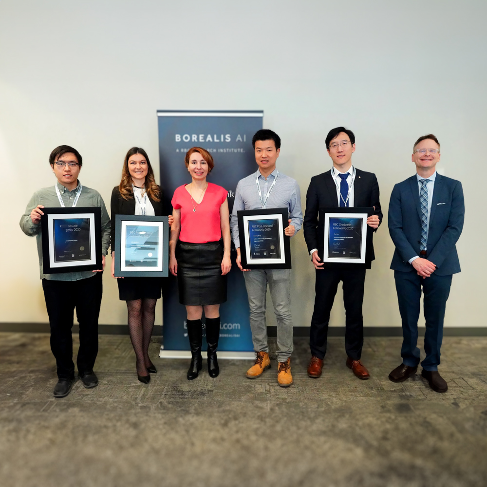 Eirene Seiradaki and the Borealis AI Fellowship Candidates receiving a certificate.