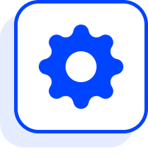 A blue and white icon of a cog wheel.