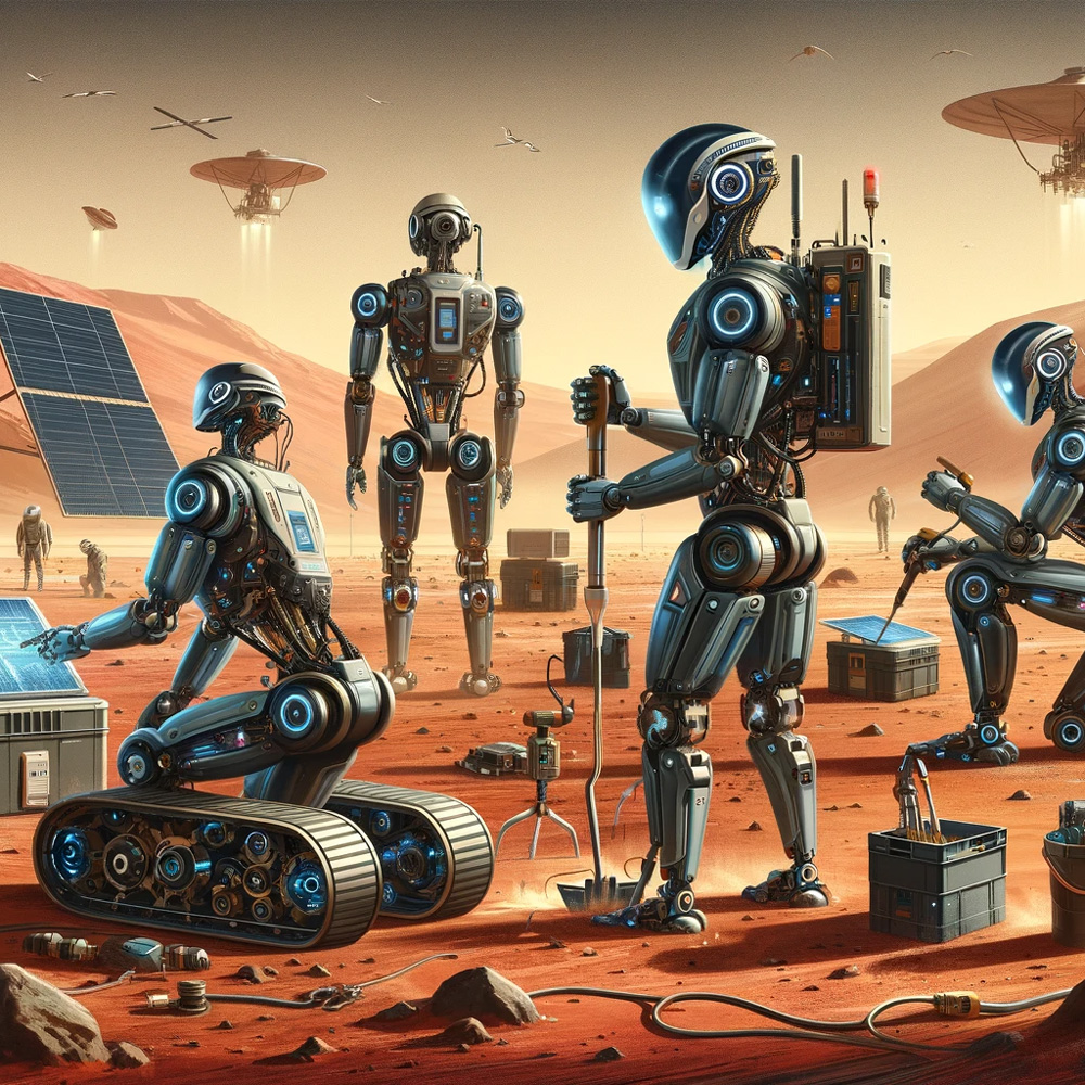 Illustration of autonomous humanoid robots on the surface of Mars.