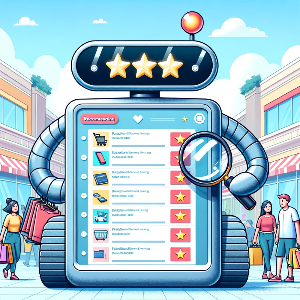 A cartoon image of a friendly robot with a large screen on its chest. The screen displays rows of various recommended items like books, and electronics. 